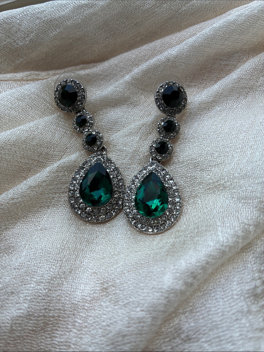 Charming Charlie Emerald Teardrop Drop Earrings with Clear Accents